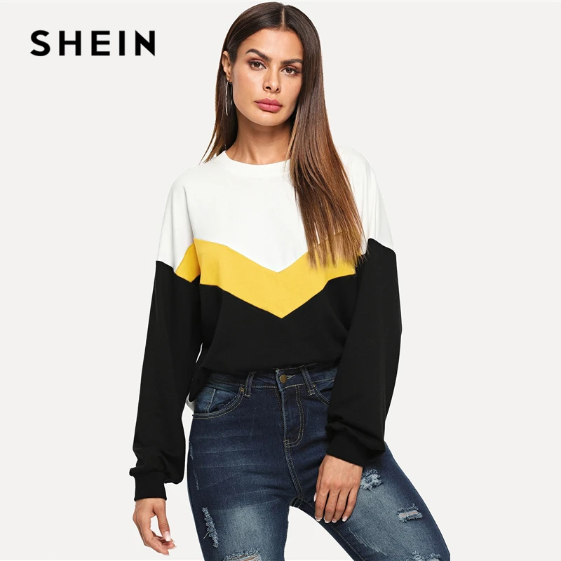  SHEIN Multicolor Cut And Sew Color Block Pullover Casual Long Sleeve Round Neck Sweatshirts Women A