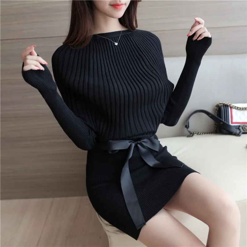 2016 de la camisa básica suéter flojo vestido sexy hip Delgado suéter vestido negro gris otoño medio-largo de una sola pieza - 4