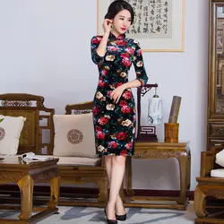 Шанхай история до колен с цветочным принтом Qipao Традиционный китайский Ципао dressvelvet Qipao национальной китайские платья