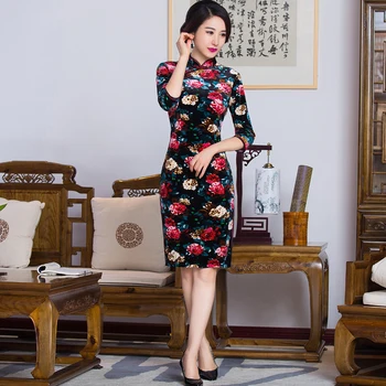 

Shanghai Story knee length floral print Qipao traditional chinese cheongsam dressVelvet qipao national chinese dresses