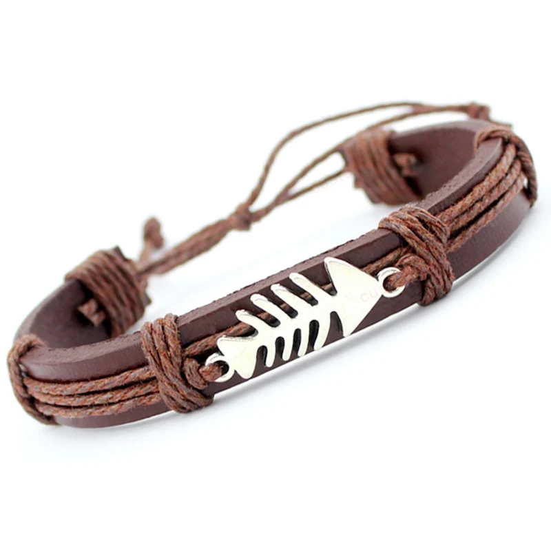 

Fish Bone Dogs Paw Turtle Tortoise Scissors Skull Crown Arrow Mask Dragon Charm Brown Wax Leather Bracelets Women Men Jewelry