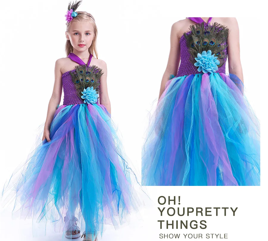 Peacock Feather Flower Girl Tulle Tutu Dress Pageant Wedding Halloween Costume Kids Birthday Party Purim Couture Dress (18)