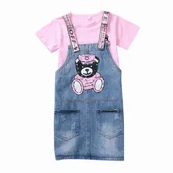 Летнее платье для маленьких девочек Носки с рисунком медведя из мультика комплект детской одежды детская футболка + юбка на подтяжках