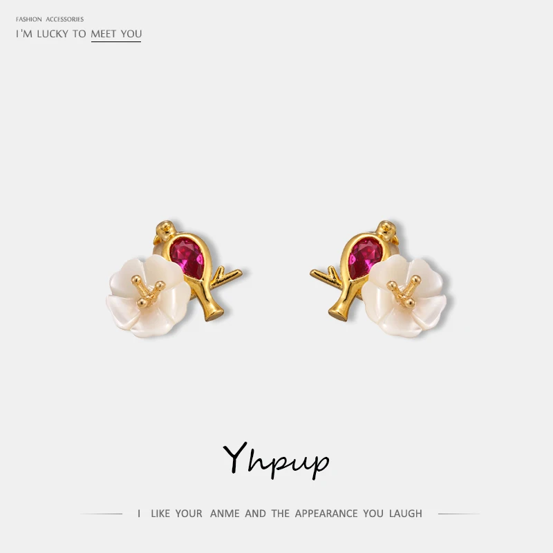 Yhpup New Exquisite Natural Shell Flower Stud Earrings Red CZ Classic Jewelry Women Bride Wedding Oorbellen S925 Silver | Украшения и