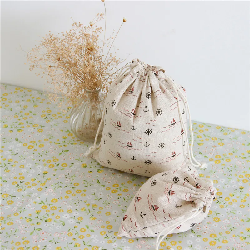 

N143 Handmade Linen Cotton Draw String Storage Bag Candy Tea Sorted Bag Printed Sailing Boat Rudder Anchor