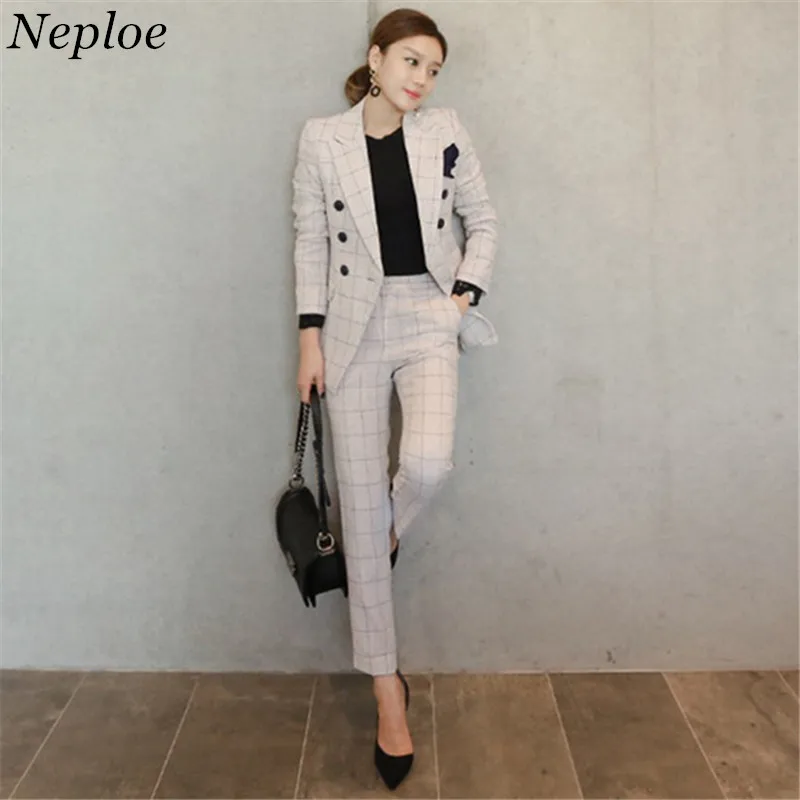 

Neploe Fashion Suits 2 Pcs Set Plaid Single Button Jacket Blazer + Slim Pant Suits Work Wear Fashion Outfits Femininas 68183