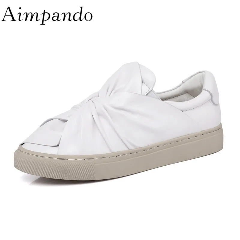 

Concise Flat Slip On Loafers Gold Silver Black White Quality Leather Pleated Butterfly-knot Casual Shoes Woman