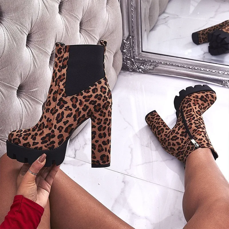 2019 Fashion Womens Boots Leopard Print Suede Women Chunky Heels Ankle Booties European Style Ladies Short Boots Bottes Femme