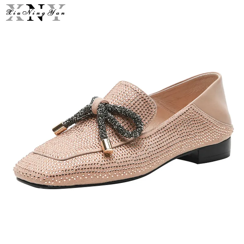 

Xiuningyan Women Flats Square Toe Low Heel Women's Loafer Heels Genuine Leather Wedding Shoes Women Sexy Gladiator Shining Shoes