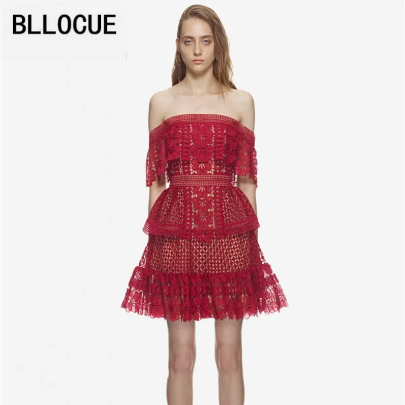 

BLLOCUE Self Portrait Dress 2018 Sexy Pink Tunic Frill Lace Dress Runway Summer Slash Neck Off The Shoulder Women Party Dress