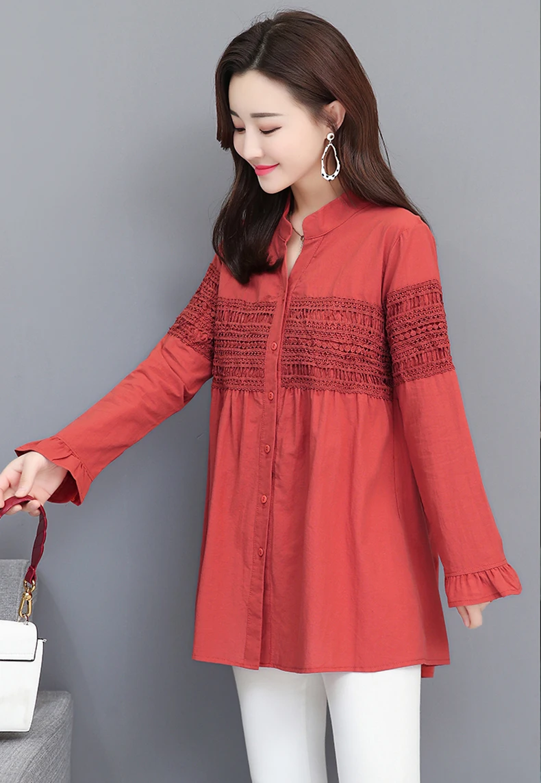 Women Fashion Blouse 2019 New Autumn Cotton Linen Lace Chinese Style Cardigan Full Long Sleeve Female Woman Blouse Vestidos Tops (8)