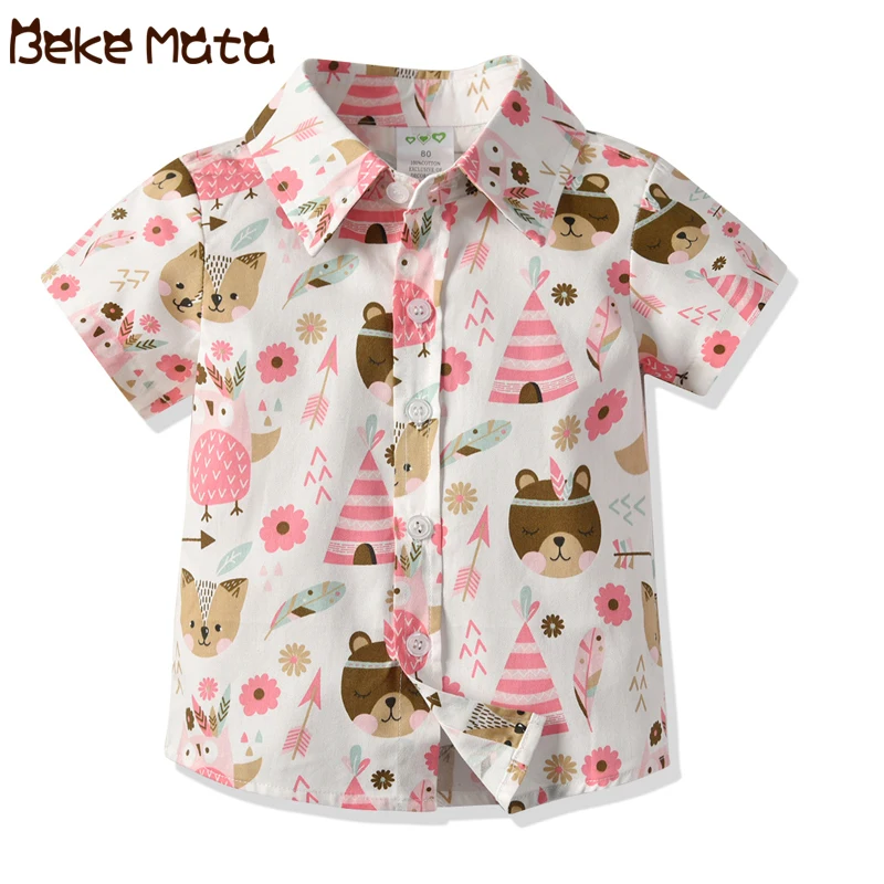 Детские рубашки для мальчиков летние блузки с короткими рукавами рубашка для маленьких мальчиков принт мультяшного медведя одежда для малышей Детская рубашка