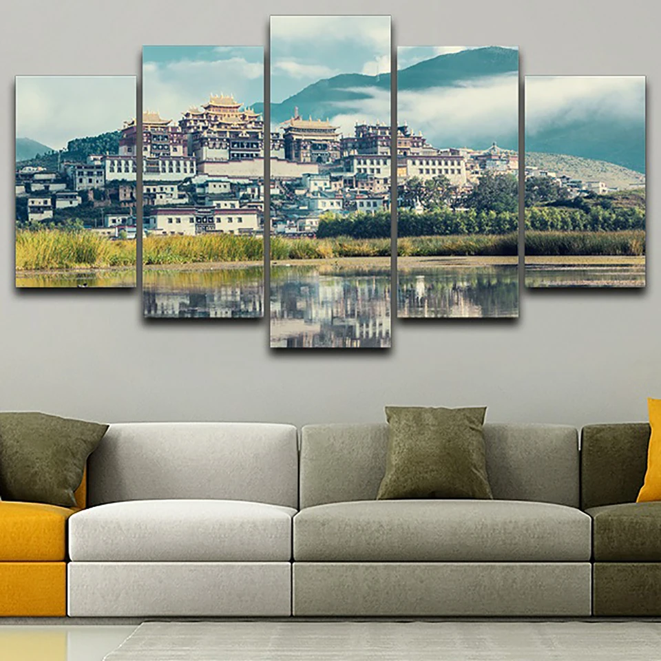 

Home Decoration Poster Frame Living Room 5 Panel Monastery Mist Scenery Modern Painting On Canvas Wall Art Pictures HD Printed