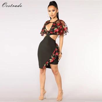 

Ocstrade Round Neck Short Sleeve Mini Lace Cut Out High Quality Bandage Dress H0135-Black