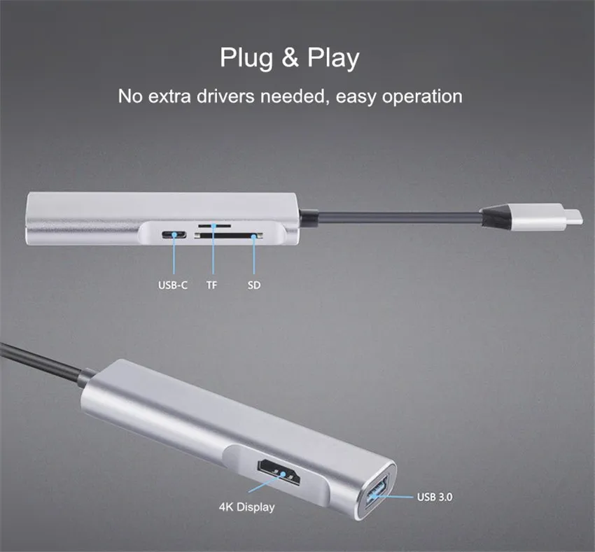 5 в 1 USB-C концентратор из алюминиевого сплава type-C концентратор адаптер 4K HDMI 2 порта USB 3,0 порты SD/TF кард-ридер для Macbook телефон адаптер