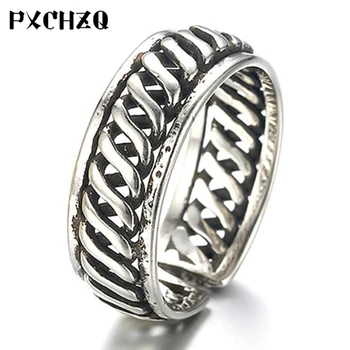 

Men and women lock chain end ring exuberant retro old wave pattern Thai silver color ring jewelry opening adjustable
