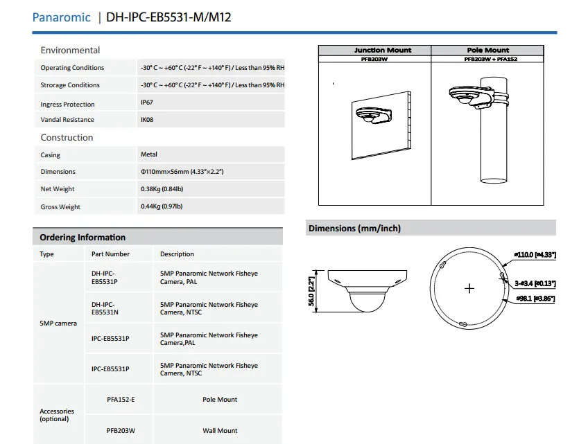 Английский с логотипом IPC-EB5531-M12 5MP Panaromic сети Fisheye IP Камера POE H.265 Интеллектуальное обнаружение с встроенным микрофоном и IP67