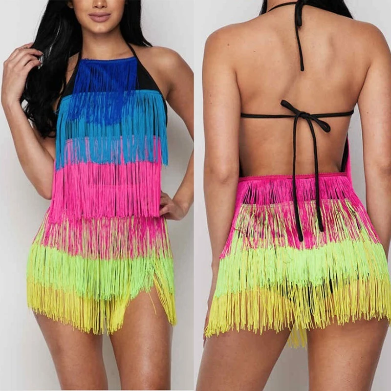 Women Summer Sexy Tassel Bodysuit Dance Backless Bodycon Party Club Short Colorful Rainbow Tassel Fringe Mini Jumpsuit Vestidos Women Summer Sexy Tassel Bodysuit Dance Backless Bodycon Party Club Short Colorful Rainbow Tassel Fringe Mini Jumpsuit Vestidos