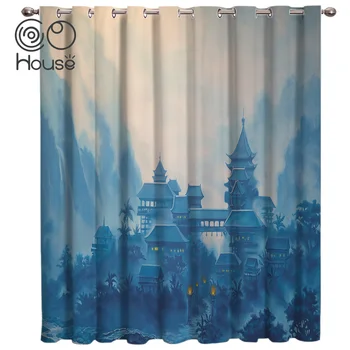 

Chinese Traditional Architecture Scenery Forest Mountain Rural Landscape Window Curtains Dark Bathroom Decor