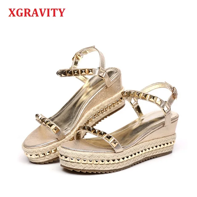 XNGRAVITY 2018 Hot Sales Summer Lady Fashion High Heel Wedge Sandals Elegant Rivets Design Lady Fashion Wedges Ladies Shoes 285