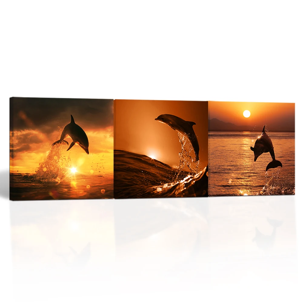 

Jumping Dolphins Sunset Sunrise Sea View 3 Panels Canvas Prints Combine Painting Modern Wall Art Home Decor Living Room Art