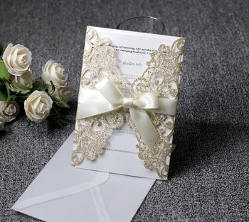 

2019 New Gold Glitter Laser Cut Invitations Cards with Beige Ribbon For Wedding Bridal Shower Engagement Birthday Graduation