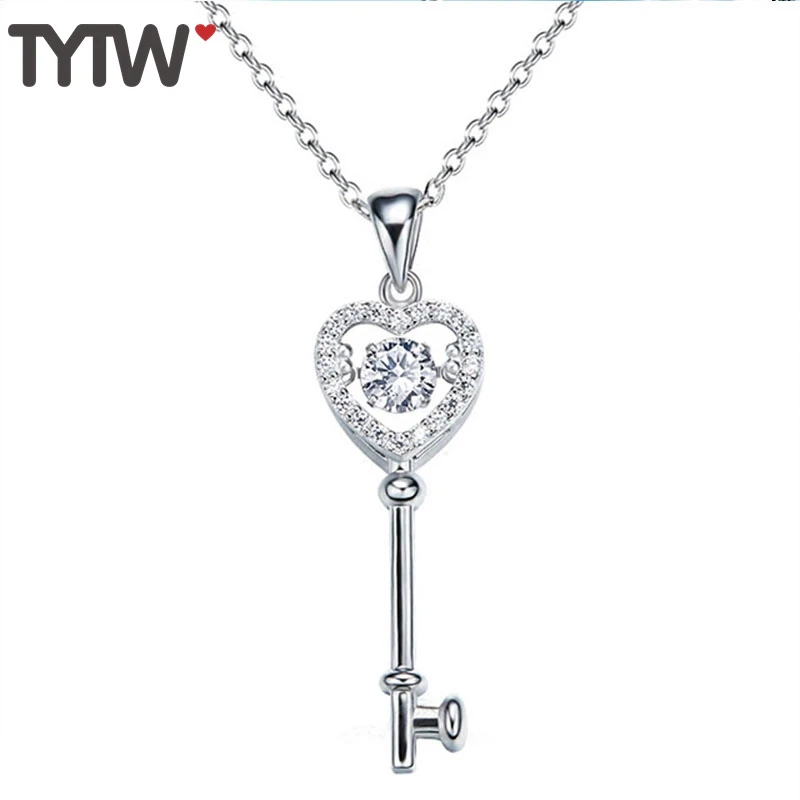 

TYTW Fashion Women S925 Silver Necklace Key Love Crystal Dancing Stone Ladies Girl Pendant Necklaces AAA Zircon Pendant