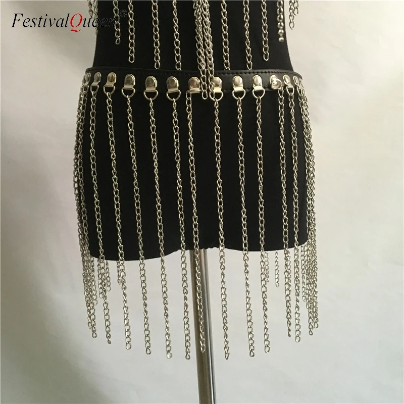 Sexy women metal chain skirt two piece Fashion PU leather Harness party nightclub wear short mini hollow out skirt