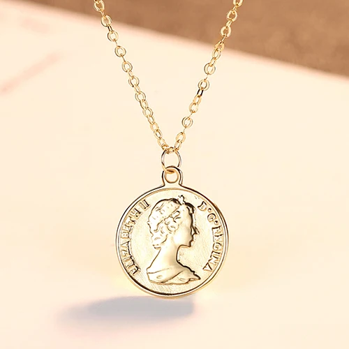 CZCITY, чистое золото 14K Elizabeth Portrait, круглая монета, ожерелье для женщин, длинная Очаровательная цепочка, ожерелье, ювелирное изделие из желтого золота 14K - Цвет камня: 14k Gold Color