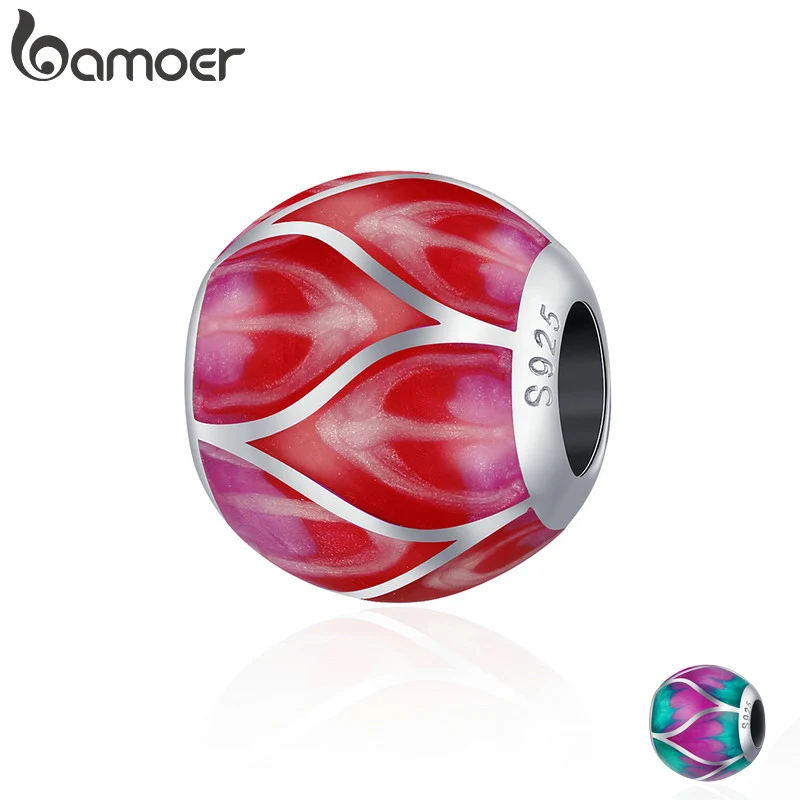 

BAMOER Authentic 100% 925 Sterling Silver Red Enamel Rose Flower Charm Beads fit Women Charm Bracelet Bangle Jewelry Gift SCC494