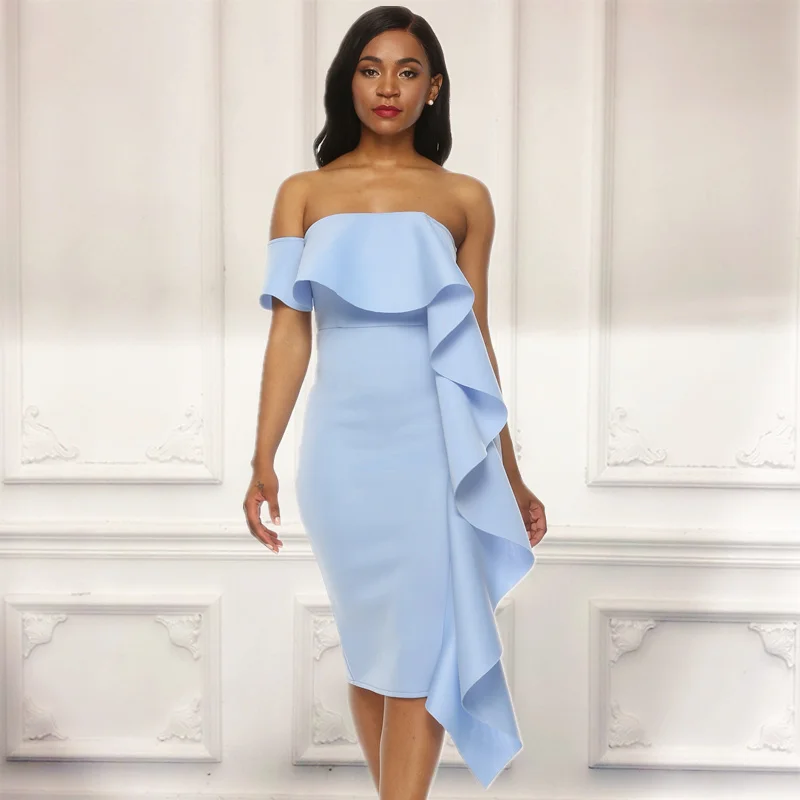 Ceny Kobiety Sexy Bodycon Party Dress Celebrity wieczór nieregularna, z falbanami Sexy data kolacja wyjściowa Clubwear Slim Femme Tight nowe szaty
