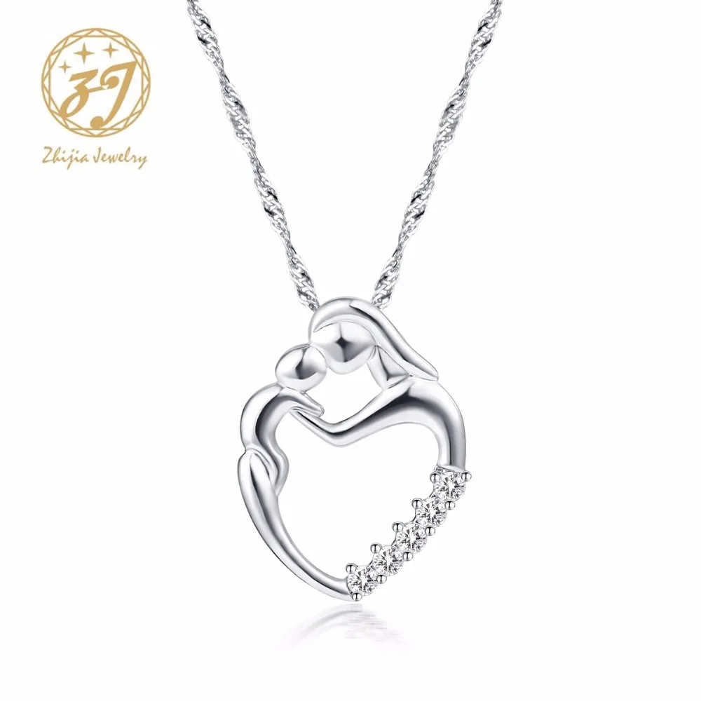 

New Arrival Fashion Gifts Silver Mosaic Zircon Necklace Mom And Kid hand in hand Heart Shape Pendant Necklace For Mother's Day