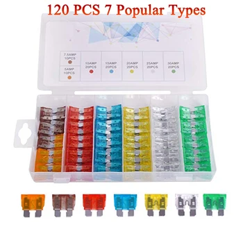 

Blade Fuse Set 120 Pieces Car Truck Boat Standard Blade Fuse Assortment Kit 5 7.5 10 15 20 25 30 AMP Essential Replacement