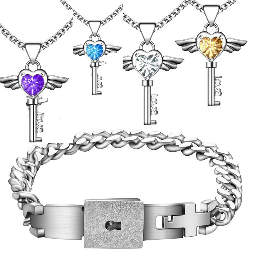 Us 13 59 15 Off Anium Steel Concentric Lock Bracelets Bangle Blue Purple Angle Stone Key Pendant Necklace Jewelry Set Engagement Gift In Us 13 59 15 Off Anium Steel Concentric Lock Bracelets Bangle Blue Purple Angle Stone Key Pendant Necklace Jewelry Set Engagement Gift In