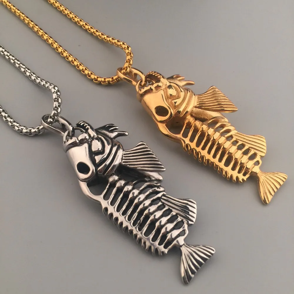Mens Jewelry Titanium Steel The Sea Fish Bone Charm Gold Boxing Link