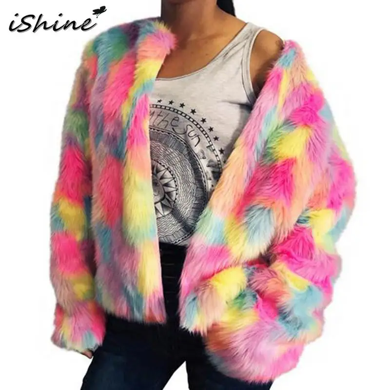 

iSHINE Fashion Long-sleeved Casual Round Neck Gradient Color Imitation Fur Coat Coat Thick Warm Fur Coat Jacket Female