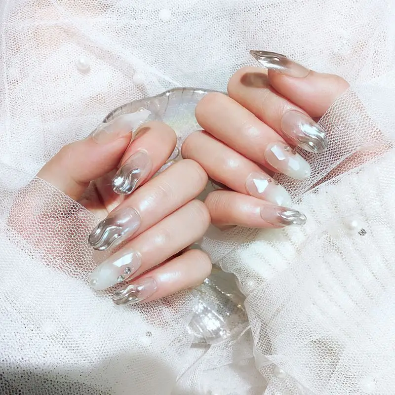 

24pcs/set Wave Shell Acrylic Fake Fingernails False Nails Simple Women Full Nail Tips Patch Short Nail Art DIY With Tape