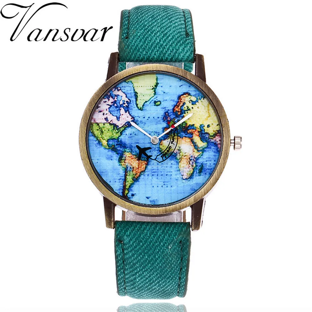 

Vansvar Brand Fashion Plane And World Map Denim Fabric Band Watch Casual Women Wristwatches Quartz Watch Relogio Feminino Gift