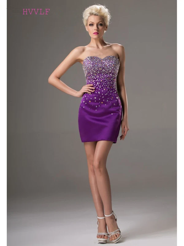 

Purple 2019 Cocktail Dresses Elegant Sheath Sweetheart Short Mini Beaded Crystals Backless Party Plus Size Homecoming Dresses