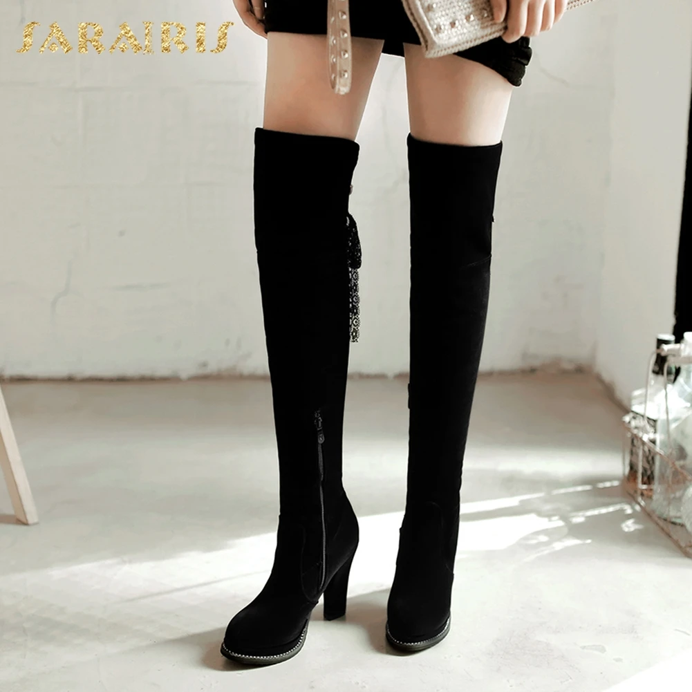 

SARAIRIS 2018 High Heels Platform Shoes Woman Boots Female Fashion Flock over-the-knee Boots Woman Shoes Large Size 33-43