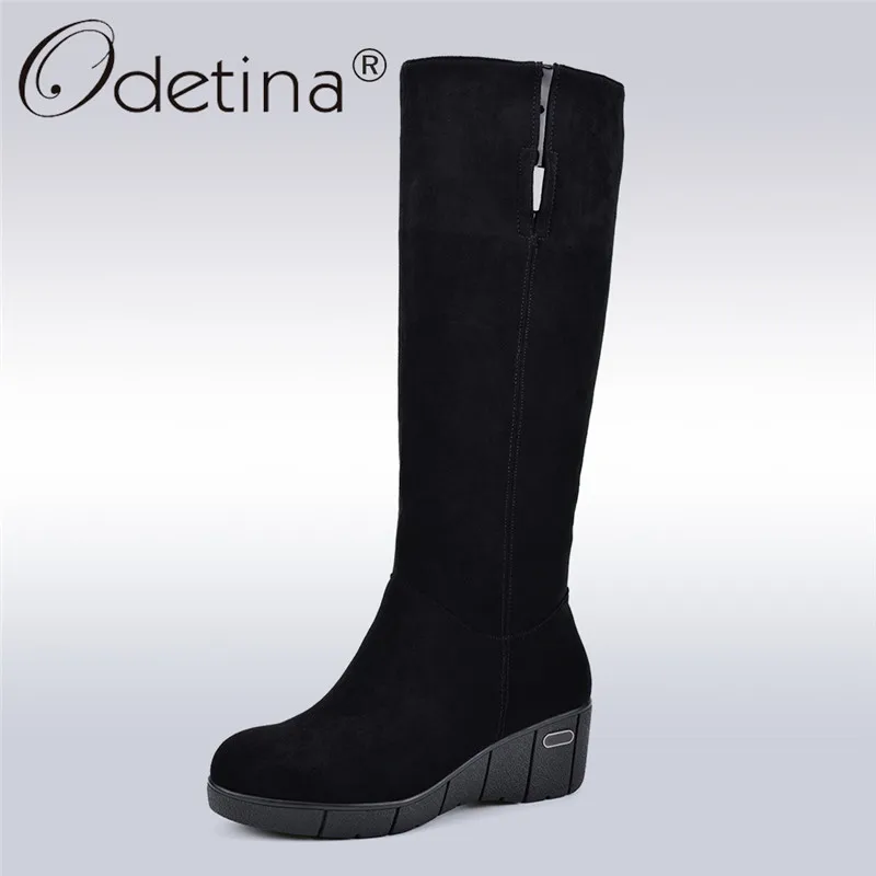 

Odetina New Fashion Women Winter Balck Knee High Boots Wedge High Heel Platform Keep Warm Thick Plush Boots Shoes High Quality