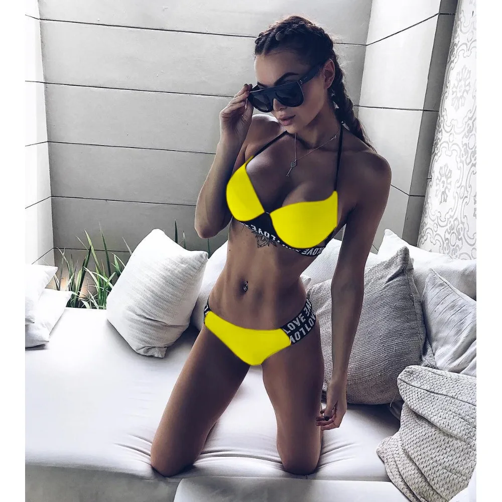 Women Sexy Bikini Set Soild and Letter Print Bathing Suits Adjustable Thin Strap Swimsuit Top With Cut Out Thong Bikini 6 Color 1