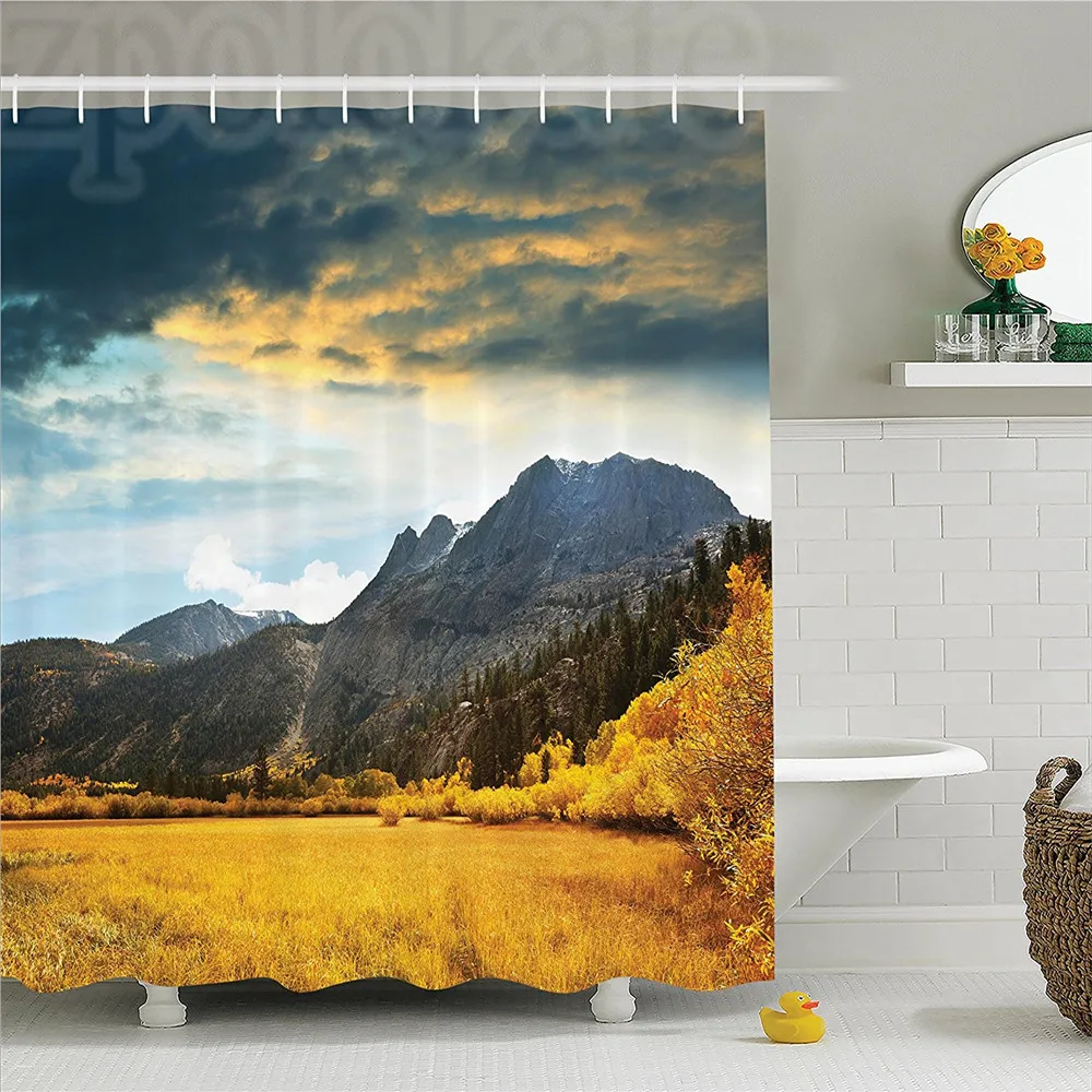 Woodland Decor Shower Curtain Set Autumn In Mountain Golden Colored
