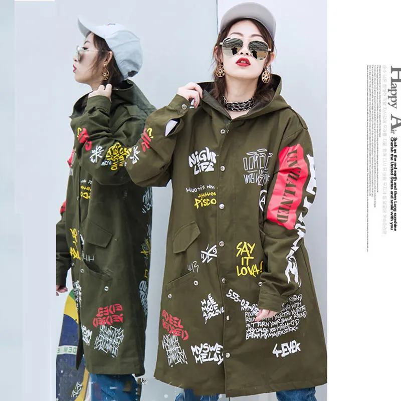 Новинка весны, ветровка в стиле хип-хоп с буквенным принтом BF размера плюс, Свободное длинное женское пальто Harajuku, Тренч с капюшоном для женщин 202 - Цвет: ArmyGreen