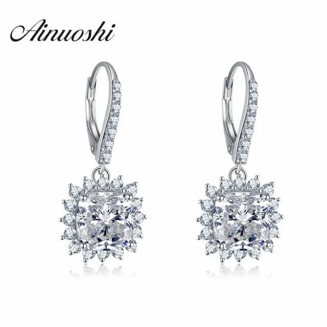 Ainoushi Luxury Wedding Drop Halo Earrings Women 925 Sterling Silver Ainoushi Luxury Wedding Drop Halo Earrings Women 925 Sterling Silver Cushion Cut Sona