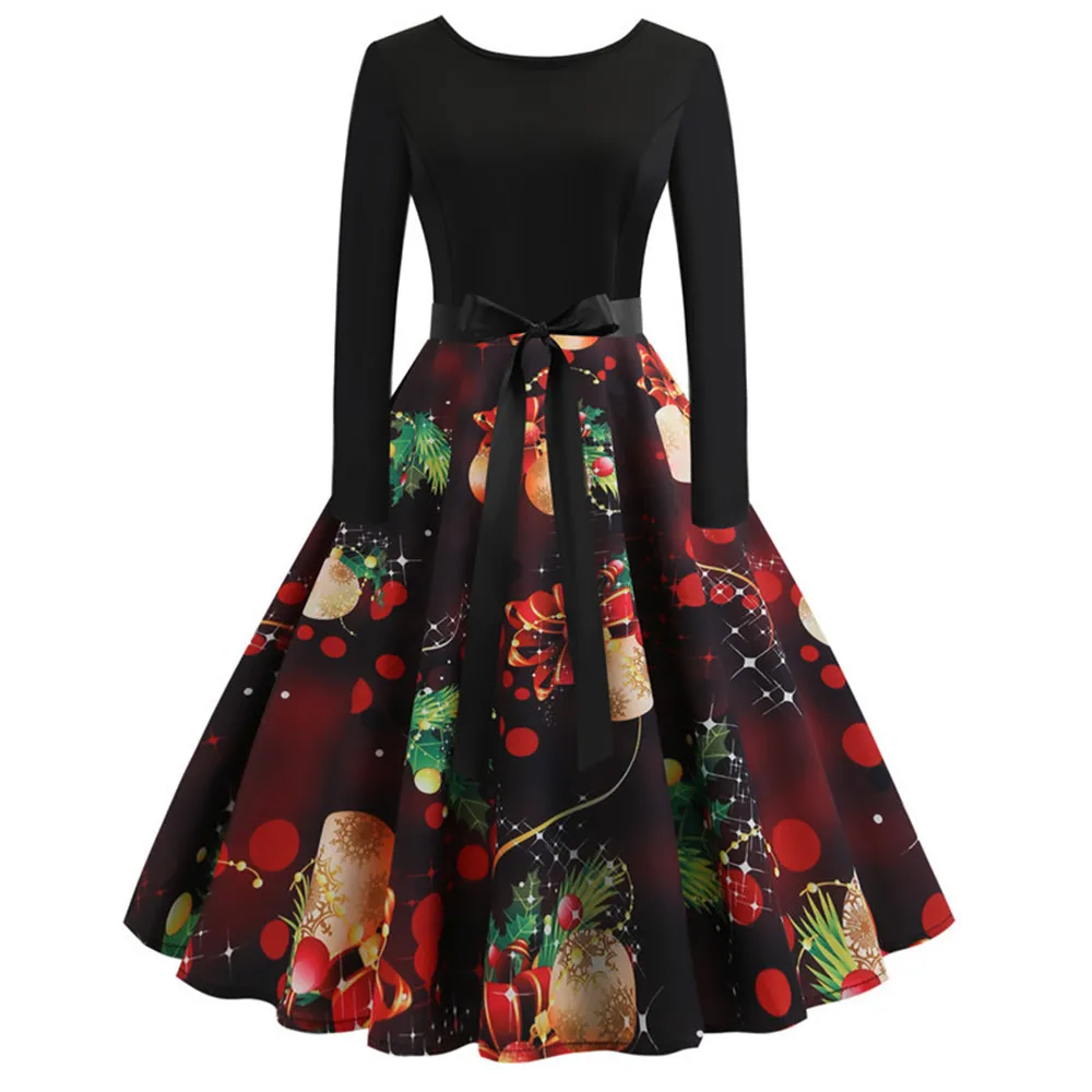 

Print Vintage Dress Women Long Sleeve Winter Dress Elegant Swing Party Dresses Robe Femme Casual Christmas costumes