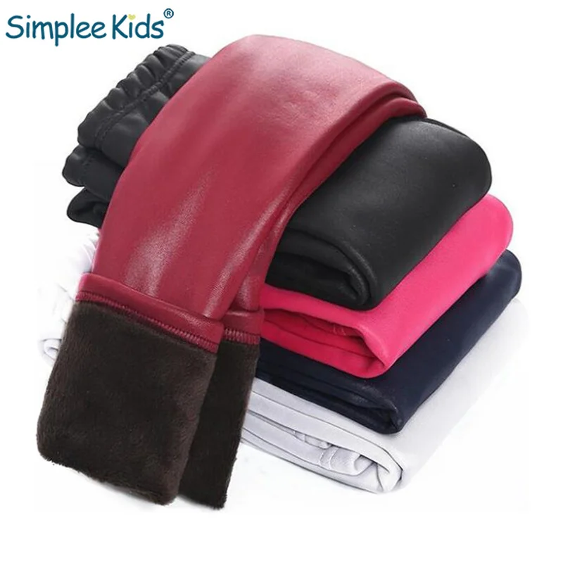 

2018 Baby Girls Leggings Winter Kids Thick Velvet Leggings Pencil Pants Children Warm Trousers Faux PU Leather Legging Slim Pant