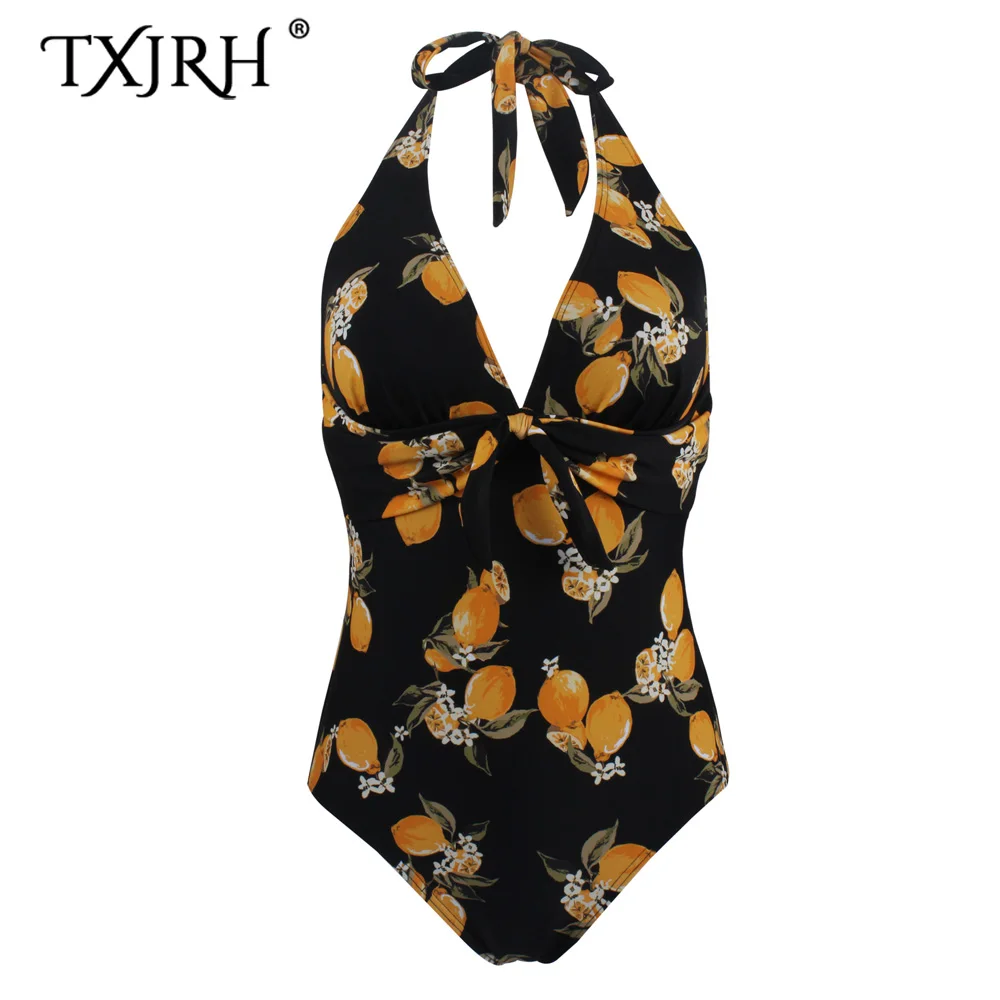 

2019 Sexy Bow Swimsuit Bandage Halter V Collar Tide Bow Fruits Print One piece Swimwear Women Retro Backless Slim fit Black Hot