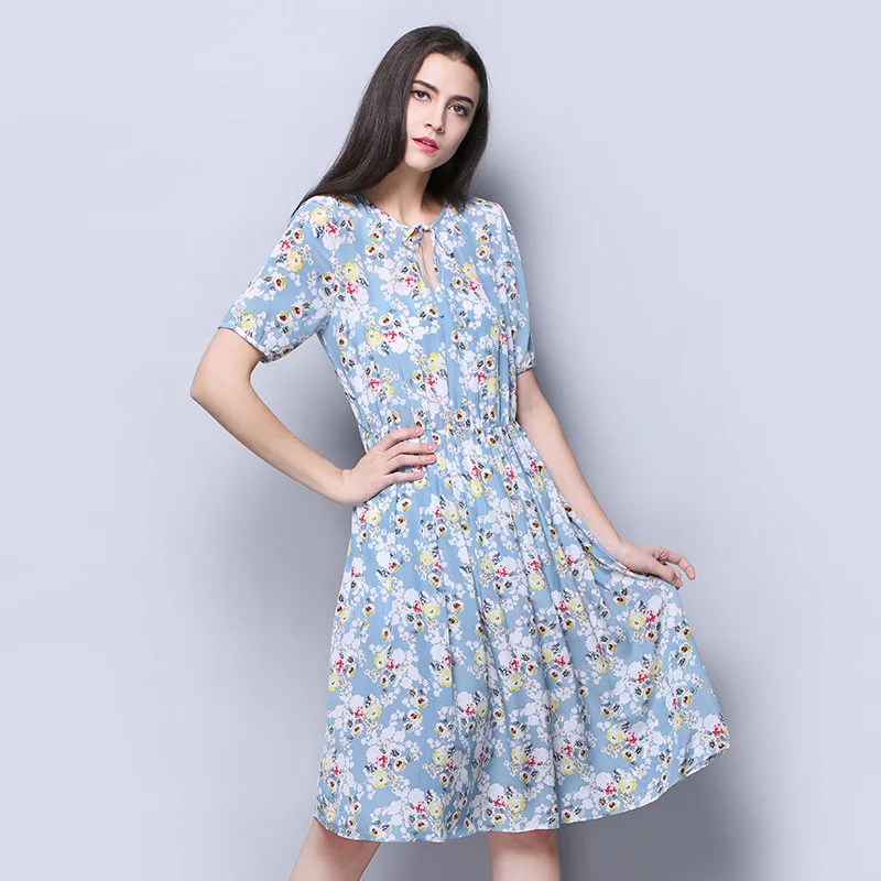 100% Silk Crepe Dress Light Blue Floral Printed Short Sleeve Summer
