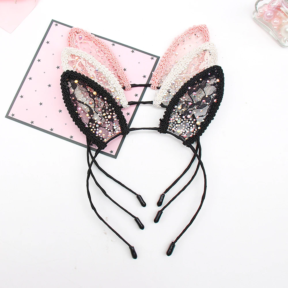 

Lace Cat Hair Band for Woman Girls With Colorful Rhinestone Cute Headband Sexy Sequins Headwear Fashion Hair Accessories